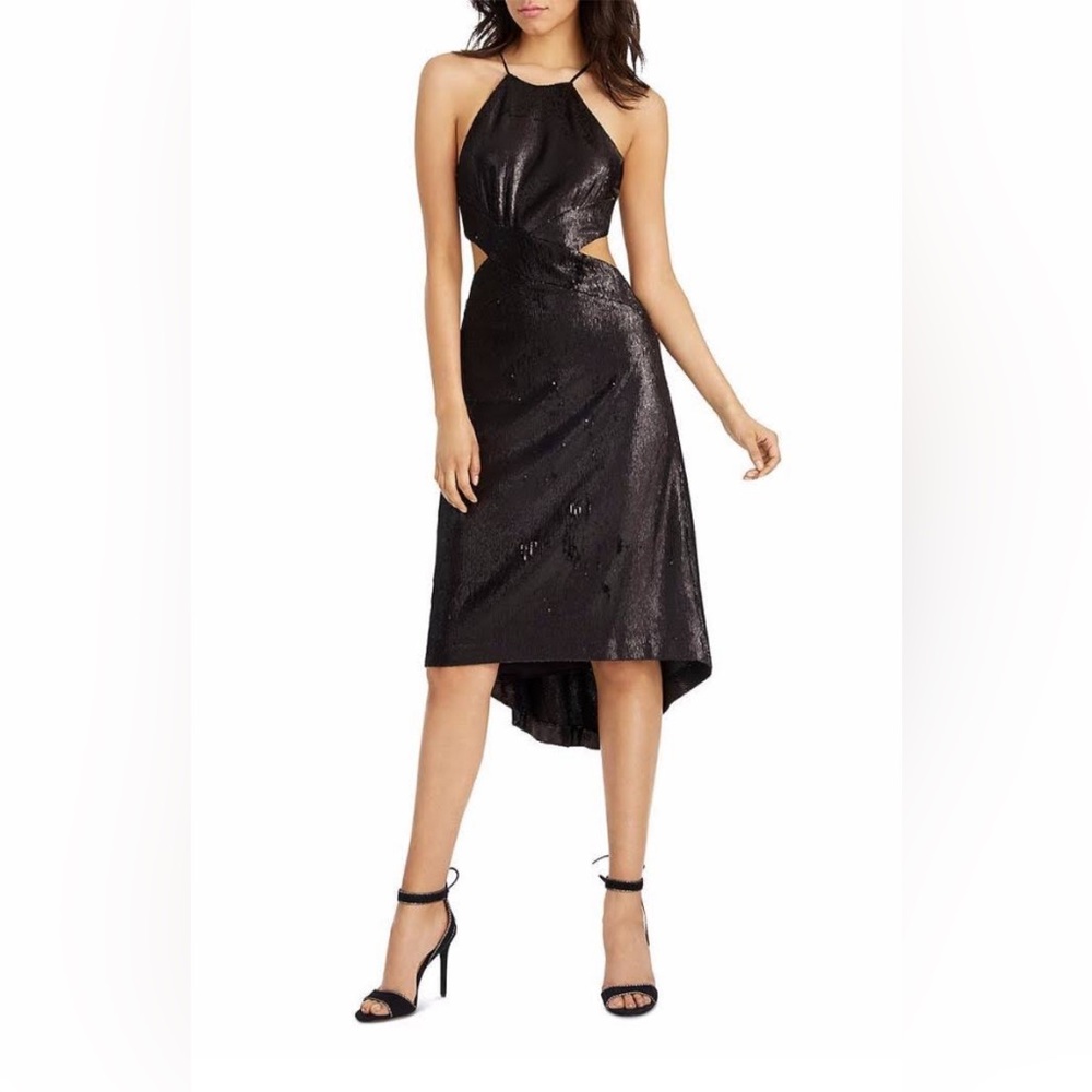 Halston Heritage black sequin cut out hi low dress